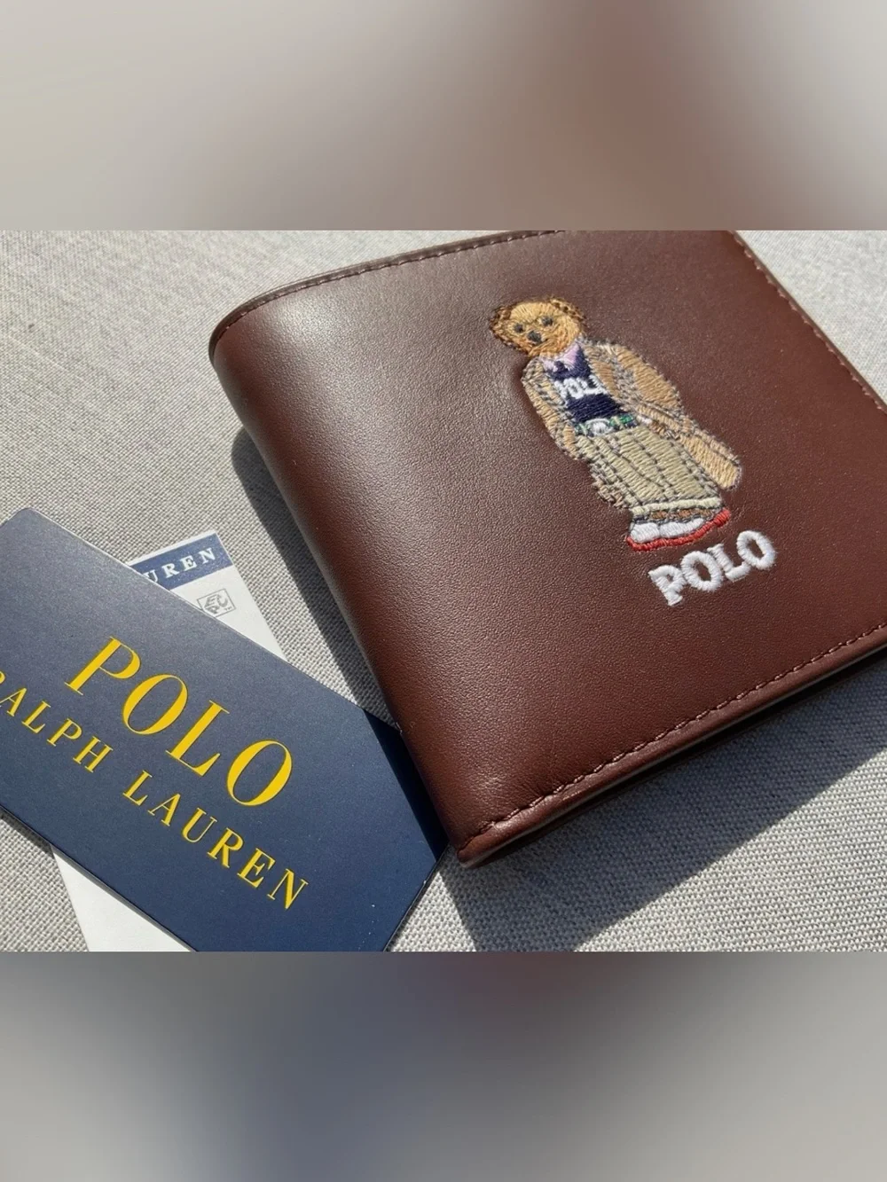 NWT Polo Ralph Lauren Brown COLLEGIATE BEAR Leather Double Billfold Wallet